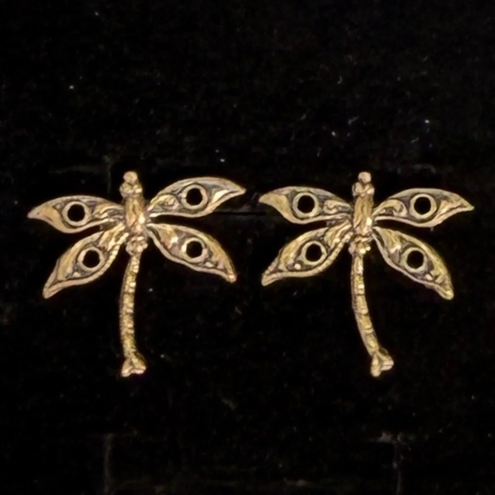 Vintage antique style, aged goldtone Dragonfly Pierced Stud Earrings